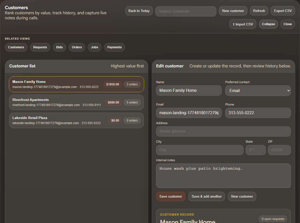 ProofLink customers view showing business accounts, recent history, and customer context.