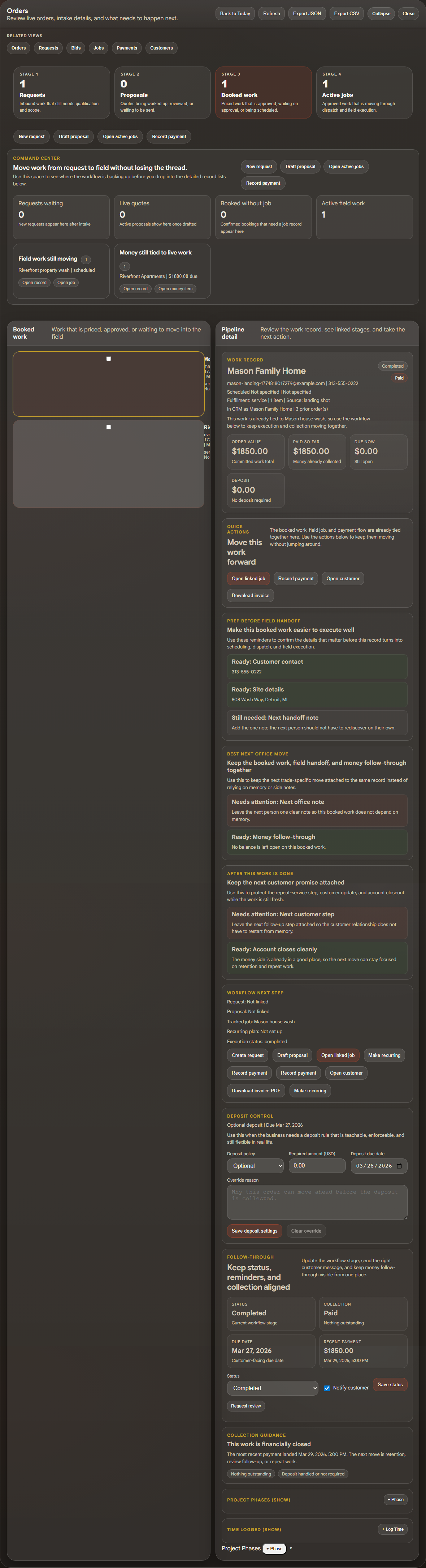 ProofLink orders view showing active tracked work, balances due, and next actions.