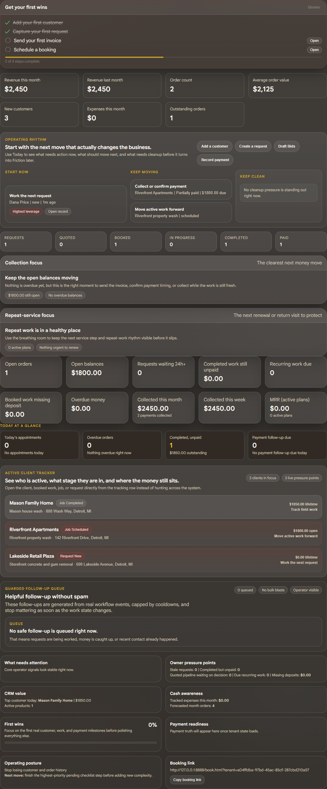 ProofLink Today view showing business tracking points and analytics.
